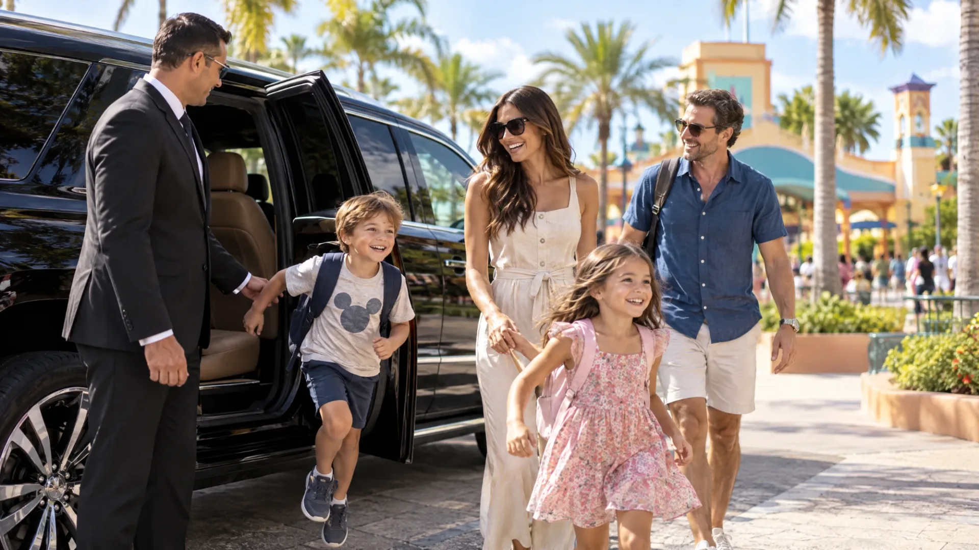 Family arriving by private transportation to Disney and Universal in Orlando